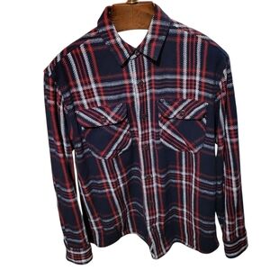 Duluth Mens Untucked Heavy Blue & Red Plaid Flannel Shirt Shacket Size Medium
